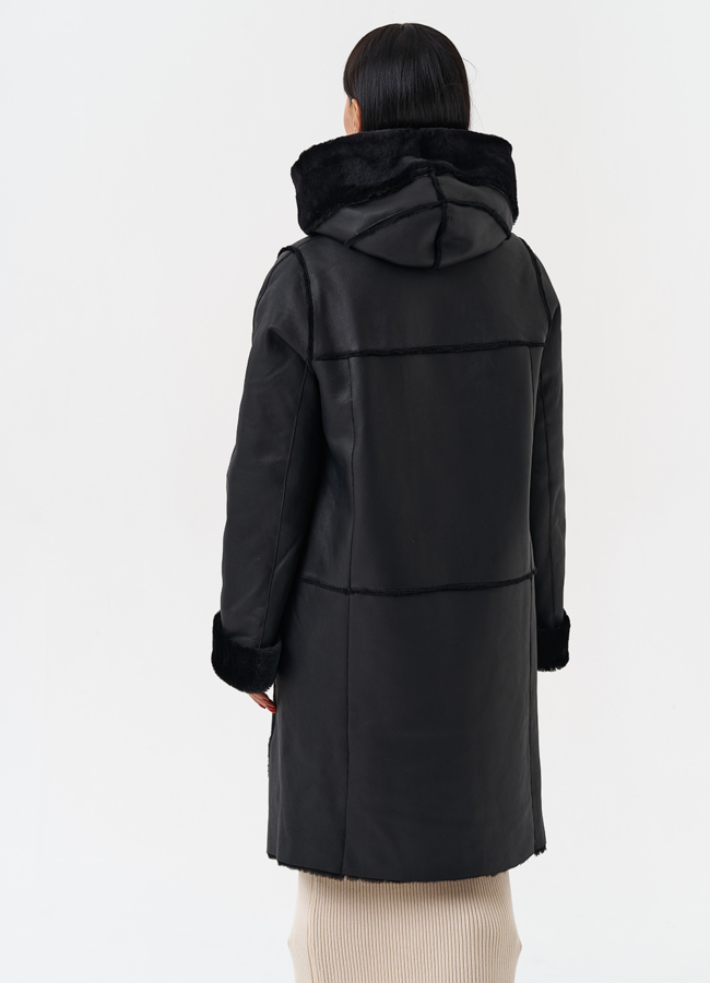 Натуральная дубленка с капюшоном модель № 28958 универмаг малина